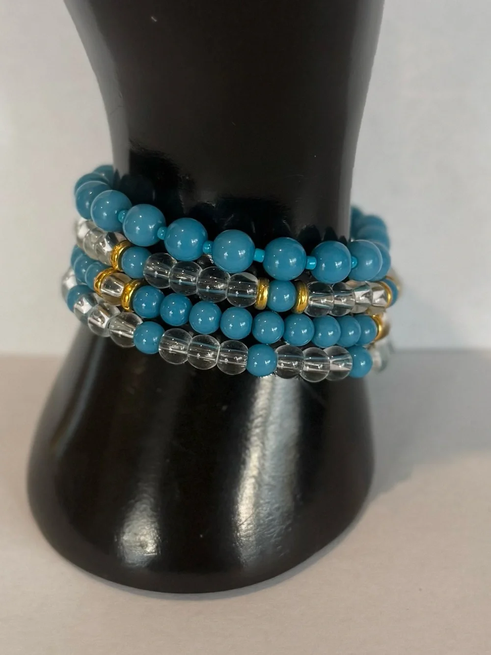 Blue Beaded Stretch Bracelet Set of 4 with Gold Accents